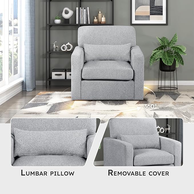 Lexicon Swivel Accent Chair Modern Armchair Home Theater Seating Boucle Fabric Upholstery Single Sofa Chair with Lumbar Pillow for Living Room/Bedroom Required Assembly Gray