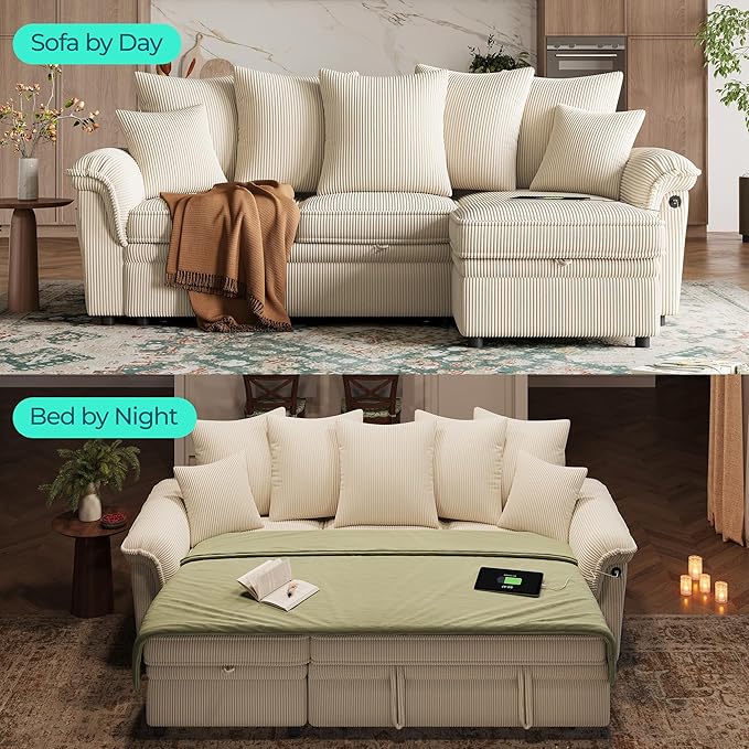 LINSY HOME 90.5'' Sectional Sleeper Sofa with Pull Out Couch Bed Modular (Beige 90.5'') | USB Charging Pillow-style Armrest Multiple Cushions Storage Chaise Corduroy Fabric