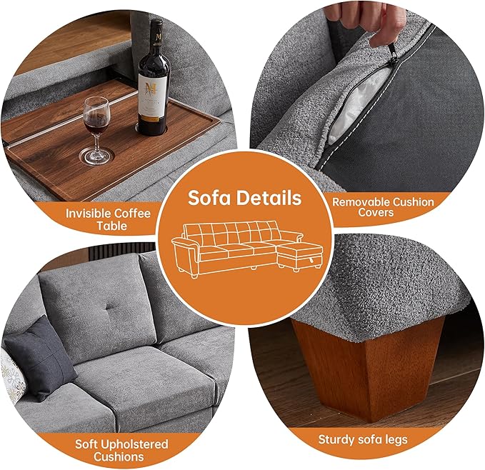 4-Seat Sectional Couches for Living Room Bedroom Office with Storage L Shape Convertible Sectional Sofa Couch with Ottoman and Cup Holders Light Grey