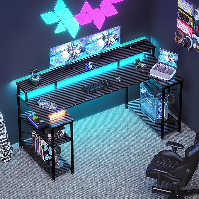 ODK 55 Inch Gaming Desk with LED Lights and Power Outlet U-Shaped Computer Desk with Monitor Stand and Storage Shelves PC Gamer Table for Home Office Carbon Fiber Black