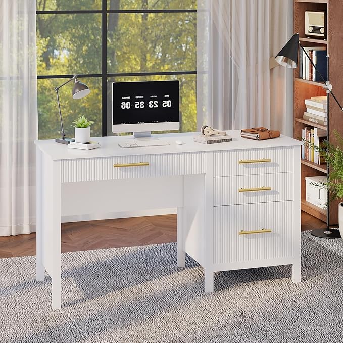 White Executive Desk with Drawers: Wood Computer Desk with File Drawer Modern Home Office Desks with Storage Fluted Writing Desks for Working Studying (White 54)