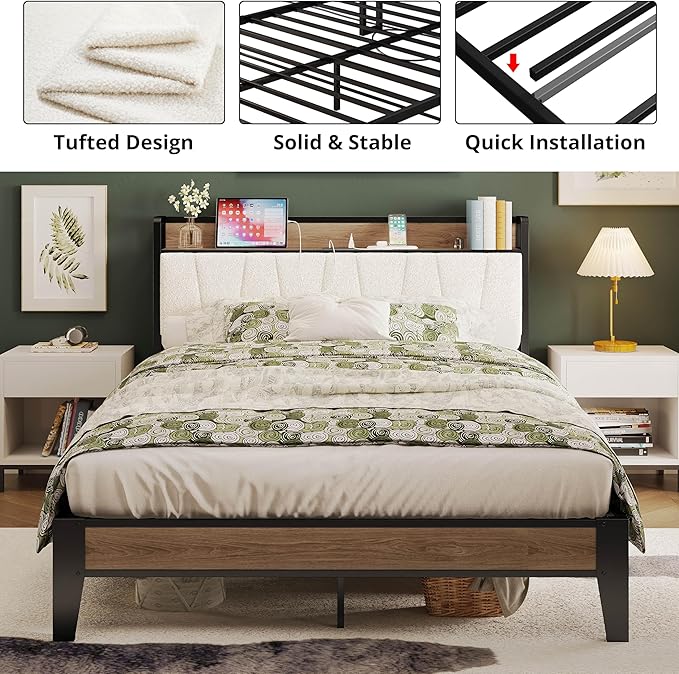 LIKIMIO Full Bed Frames Storage Headboard with Charging Station Solid and Stable Noise Free No Box Spring Needed Easy Assembly Wood and Cream