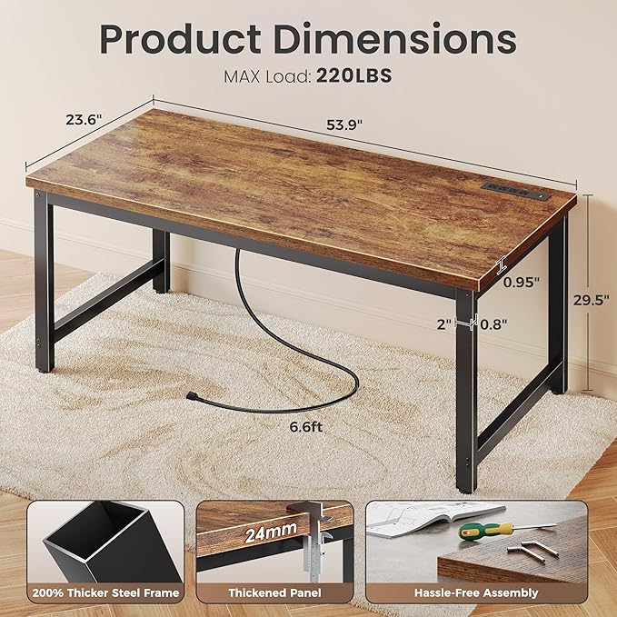 Huuger 55 x 24 inch Desk with Power Outlets &amp USB-C Deeper &amp Thicker Desktop Robust Metal Tubes Computer Desk Heavy Duty Office Desk Work Gaming Desk for Home Office Rustic Brown