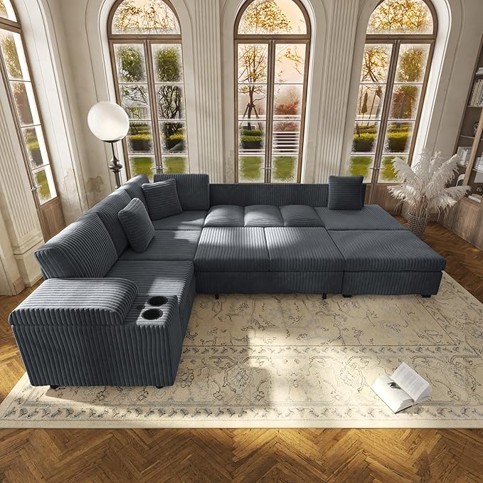 KEIKI 110 L-Shaped Oversized Plush Corduroy Modular Sectional Sofa with Pull-Out Bed Convertible 6-Seater Sleeper Couch Bed with 1 Ottomans &amp USB &amp Cup Holders Easy Assembly for Living Roo