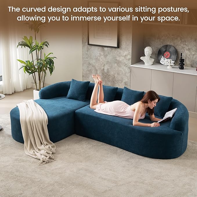 Boneless L Shaped Sofa Couch Oversized Sectional Curved Cloud Sofa with Chaise Lounge Chenille 4 Seats Deep Seat Couches for Living Room No Assembly Blue