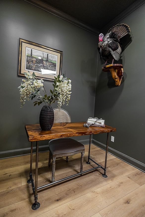 Industrial Pipe Desk Live Edge Top Vintage Table (Honey Pine) — Rustic Live Edge Slab Desk with Steampunk Pipe Legs