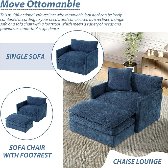 TTK Oversized Chaise Lounge Chair with Ottoman - 39.17 Wide Modern Sleeper Sofa for Living Room Bedroom &amp Office - Deep Seat Sectional Couch with Pillow Comfortable Reading Chair (Blue 39.17)