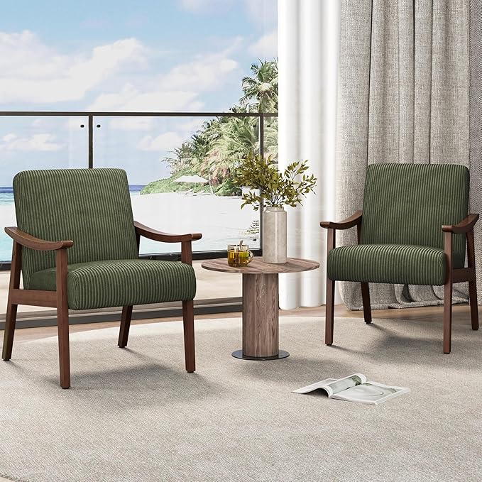 Yaheetech Corduroy Accent Chair Mid-Century Modern Armchair with Solid Wood Legs Reading Leisure Chair with High Back for Living Room Bedroom Waiting Room Set of 2 Dark Green