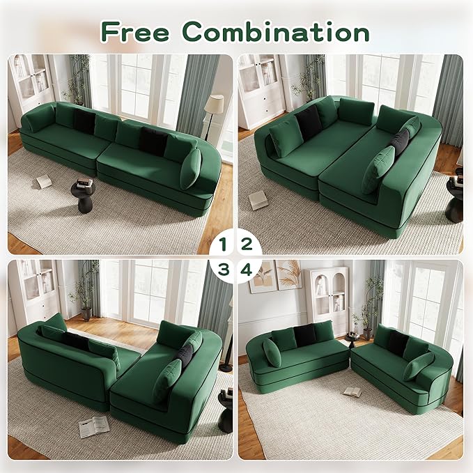 4 Seater Modular Sectional Boneless Couch with Throw PillowsModern Foam Boneless Sofa for Living Room Teddy Fabric Oversized with Deep Seat Green Sofa
