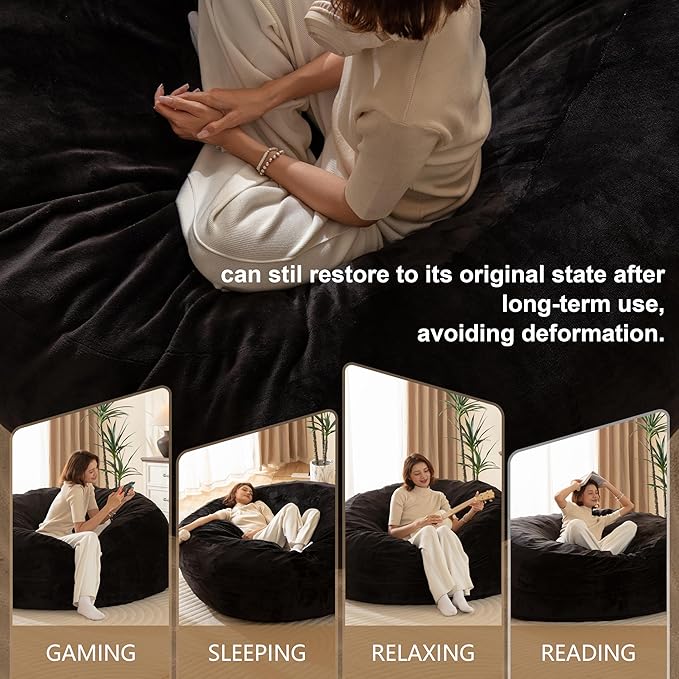 Bean Bag Chair for Adults Floor Bean Bags Offers Ample Space for AdultsMemory Foam Giant Bean BagsLounger Versatile Design Suits Any RoomMovie NightsReading(Black5FT)