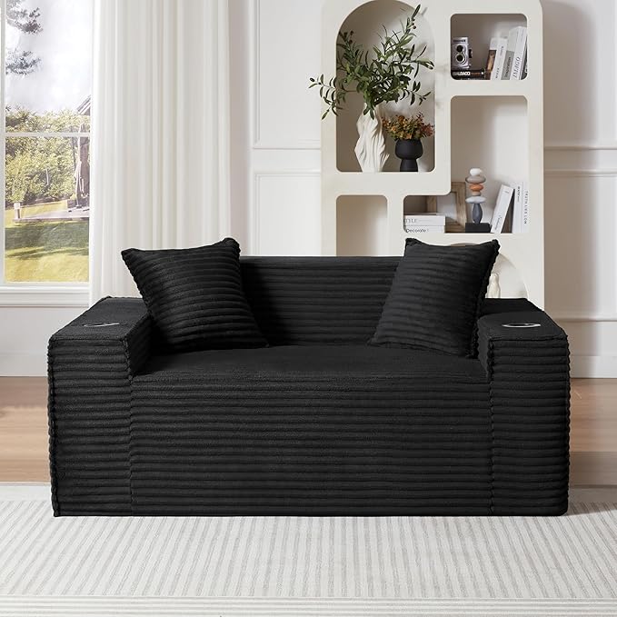 61 Cloud Loveseat Sofa with Cup Holder &amp Side Pocket Corduroy 2 Seater Sofa for Small Spaces Boneless Floor Sofa Couch with Pillow for Living Room Bedroom Apartment (Black Loveseat Sofa) | N