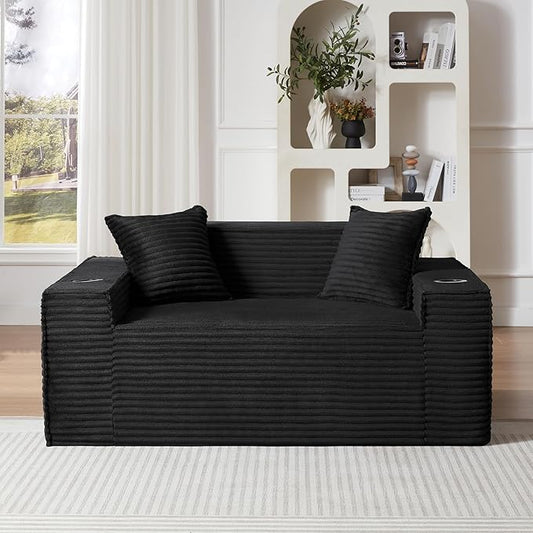 61 Cloud Loveseat Sofa with Cup Holder &amp Side Pocket Corduroy 2 Seater Sofa for Small Spaces Boneless Floor Sofa Couch with Pillow for Living Room Bedroom Apartment (Black Loveseat Sofa) | N