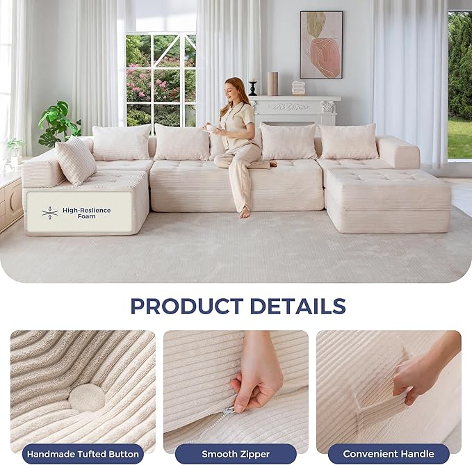 MAXYOYO Modular Sectional Sofa Couch Foldable U Shaped Cloud Couch with Pillows Tufted 7-Seat Boneless Sleeper Lounger Floor Sofa Bed for Living Room No Assembly Required Beige