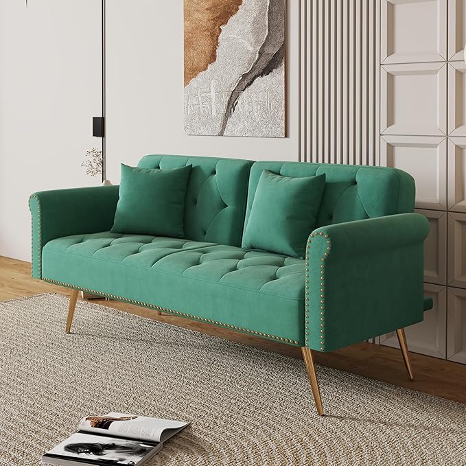 Stylish Velvet Sofa 70 Sofa Sleeper Convertible with Matching Pillows for Living RoomApartmentSmall Spaces (Green)