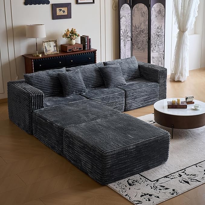 110 Modular Sectional Couch with 2 Movable Ottoman Cloud Sofa Couches for Living Room U Shaped Deep Seat Boneless SofaLuxury Corduroy Fabric No Assembly Required Grey