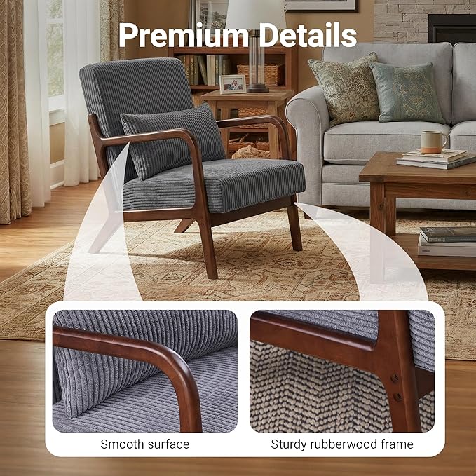 Accent Chair Comfy Arm Chair with Solid Wood Frame Upholstered Mid-Century Modern Chair for Living Room Bedroom Waiting Room Dark Grey