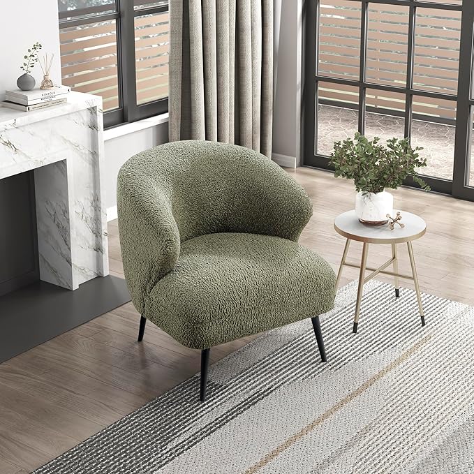 Lexicon Modern Accent Chair Boucle Fabric Upholstered Single Sofa Chair with Curved Back for Living Room/Bedroom/Office/Apartment Green