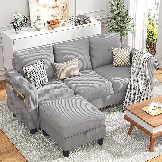 JY QAQA Convertible Sectional Sofa with 3-Seater Sofa L-Shaped Ottoman Couch with Modern Linen for Apartment Small Living Room and Small Space (Light Grey)