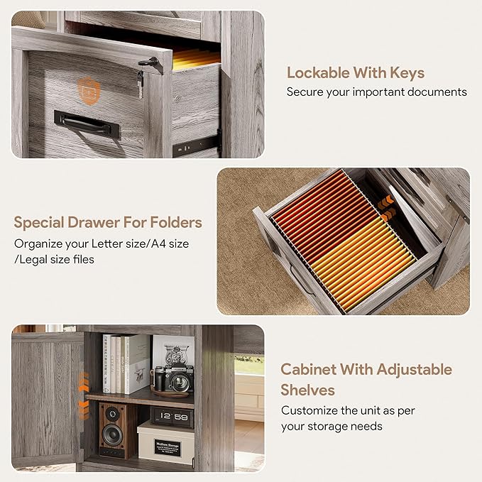L Shaped Farmhouse Executive Desk with Drawers 67 Home Office Desks with Fast Charging Station Lockable File Cabinet Wood Writing Computer Desk for Work Study Grey