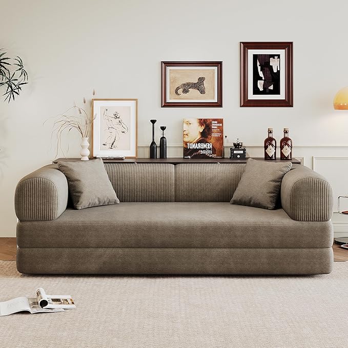 79 Convertible Sleeper Sofa Bed Modern Corduroy Floor Couch Bed with Silver Fixed-Shape Frame Modular Sofa Couch with Pull Out Bed Loveseat Sleeper Boneless Couches for Living Room Camel