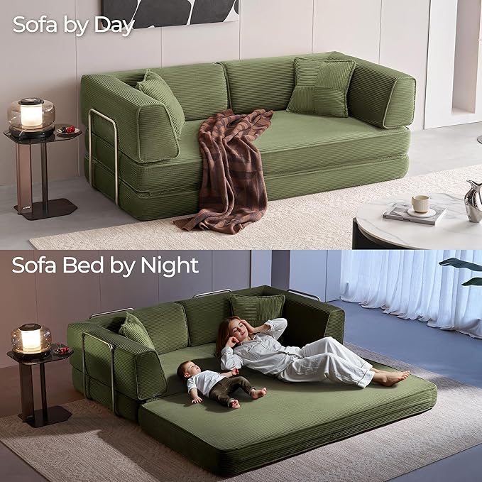 LINSY HOME Sofa Bed Couch - Convertible Boneless Couch Bed with 2 Pillow (Green) | Folding Sofa Bed Corduroy Material No Assembly Compressed Sofa Couch in a Box