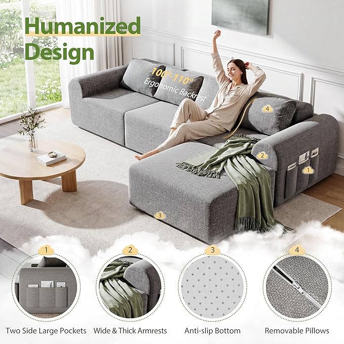 Decofy105.5 Modular Sofa Modern Boneless Sectional Sofa with Footstool No Assembly Required Extra-deep Chenille Fabric Seat L-Shaped Chaise Lounge Sofa Suitable for Living Room (Light Gray)