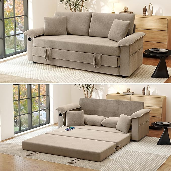 SUNWAVE Oversized Loveseat Sleeper Sofa 77 Convertible Sofa Bed 2-Seat Pull Out Couch w/USB Chenille Queen Folding Sofa Bed for Living Room Small Spaces Bedroom (Chestnut)