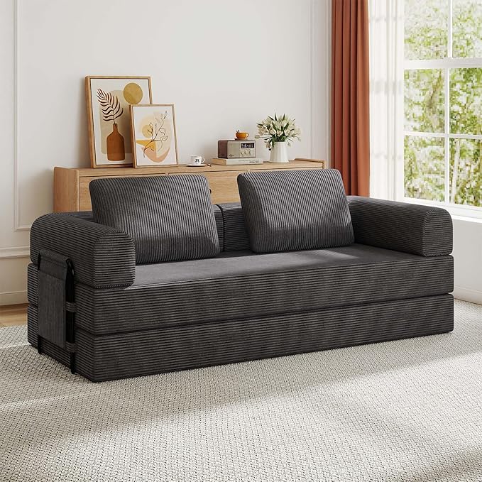 Convertible Sleeper Sofa Bed 3-Seat Corduroy Futon Couch with Cylindrical Pillow Foldable Mattress for Living Room &amp Bedroom 79 Inch Multi-Functional Sofa (Dark Gray)
