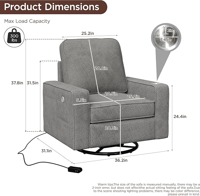 Swivel Square Accent Chair with Wide Armrests360° Rotating Comfy Single Sofa Chairs with USB/Type-CCup Holder &amp Side PocketModern Armchair for Living Room Bedroom Reading Lounge NookLight Grey