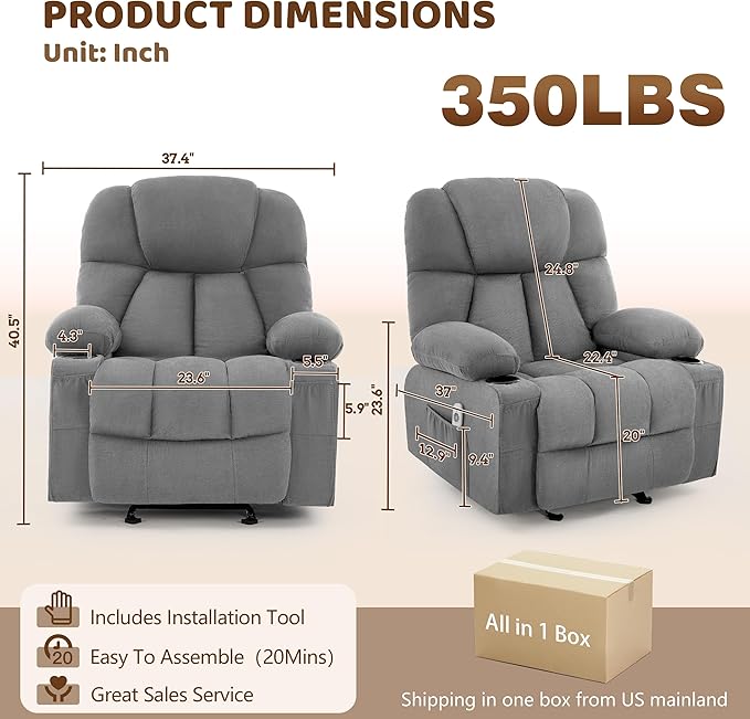 Massage Rocker Recliner Chair Ergonomic Rocking Recliner Sofa with Vibration Massage &amp Heat Reclining Fabric Nursery Chair for Living Room Lounge with 4 Pockets 2 Cup Holders Grey