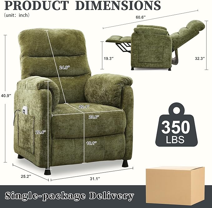 Holaki Power Recliner Chair Chenille Living Room Chairs Reading Lounge Chair Home Theater Seating with Adjustable Backrest and Footrest for Small Spaces Nursery(Green)