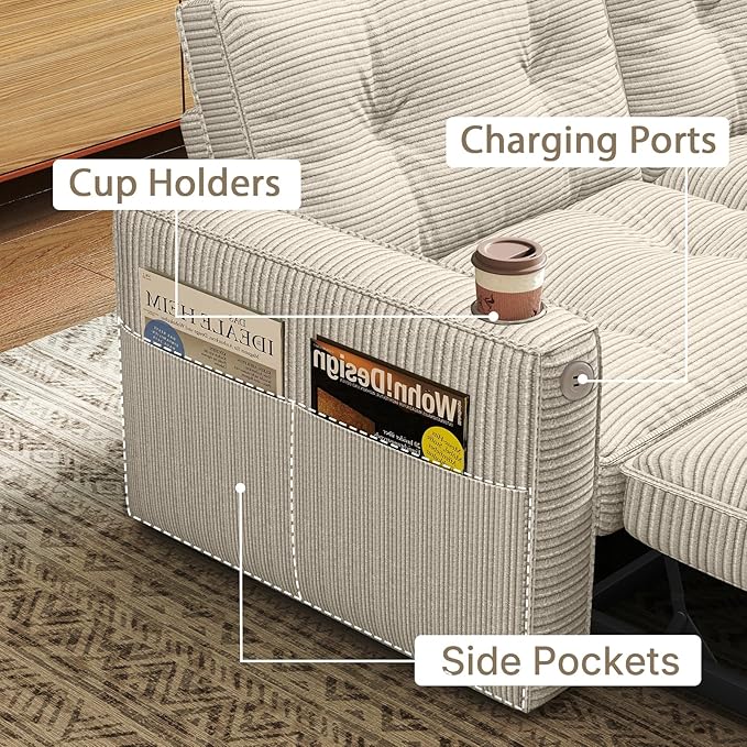 Rovibek 73.2 Convertible Sofa Bed Pull Out Couch with USB Charging Port &amp Cup Holders Adjustable Backrest Side Pockets Modern Corduroy Sleeper Sofa for Living Room Bedroom Apartment Beige