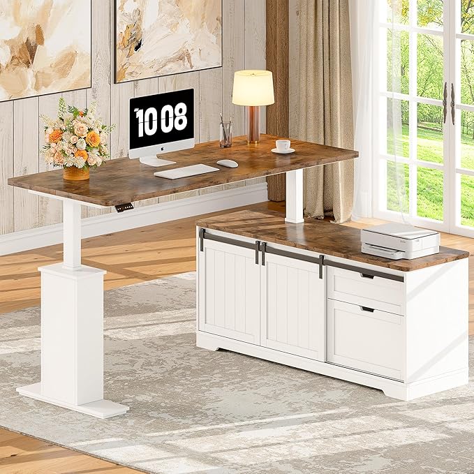 Whalefall L Shaped Standing Desk with Drawers Height Adjustable Farmhouse Executive Computer Desk Corner Desk with Cable Management and File Storage for Home Office White