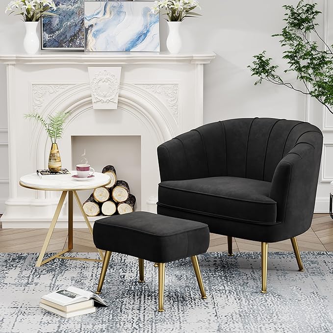 Andeworld Velvet Accent Chair with Ottoman Upholstered Modern Single Sofa Side ChairComfy Barrel Club Living Room Armchair with Golden Metal Legs for Bedroom Living Reading Room Office Black