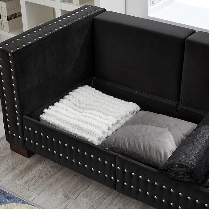 84.5 Wide 3-Seater Velvet Sofa with Storage Mid Century Modern Chesterfield Couch Upholstered Love Seat with Deep Seat &amp Retro Trim Black Velvet Couch for Living Room Office Apartment (Black)