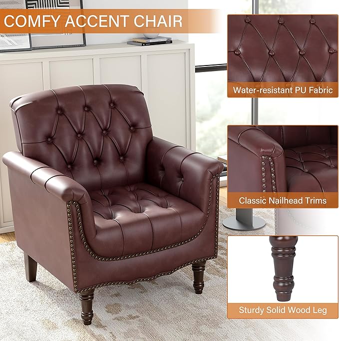 Faux Leather Club Chairs Set of 2 Retro Upholstered Armchair Accent Chair with Solid Wood Legs &amp Nailhead Trim for Living Room/Reading Room Dark Red