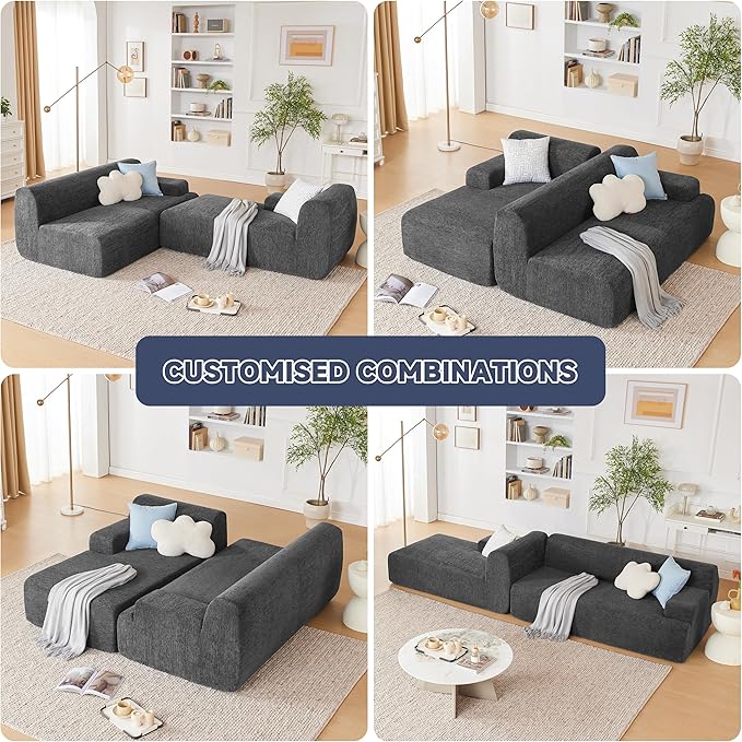 107 Modular Sectional Cloud Couch Boneless couches Sponge sectionals for Living Room High Density Sponges Sofa Modular L-Shape with Chaise Darkgrey
