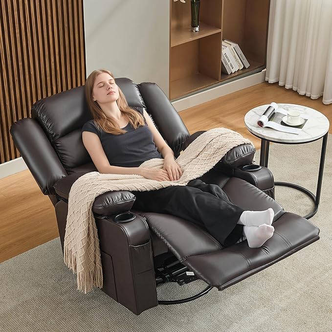 Oversized Recliner Chair with Heat and Massage 360° Swivel Nursery Rocking Chairs for Adults Recliner Single Sofa Seat with Cup Holders Lazy Boy Recliner Single Sofa (Oversized Manual Darkbrown)