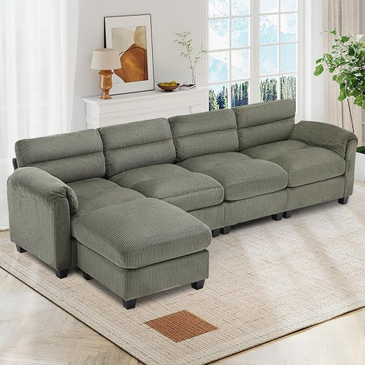 115” Modular Sectional L Shaped Sofa with Movable Ottoman Corduroy 5-Seater Couches with Thick Cushion for Living Room Green