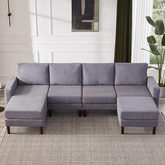 Tbfit Sectional Couch Corduroy L Shaped Sofa with Convertible Chaise &amp Ottoman Sofa Couch Solid Wood Legs for Living Room 6 Seat Grey
