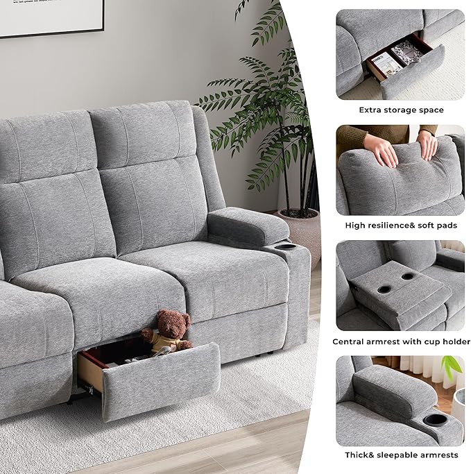 Large Manual Reclining Sofa – 3-Seater Chenille Reclining Couch with Cup Holders Wide Seat Easy Assembly &amp Spill-Resistant Fabric – Cozy Reclining Sofa for Living Room Apartment RV