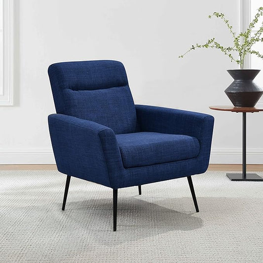 Mid Century Modern Upholstered Fabric Accent Chair Living Room Bedroom Leisure Single Sofa Chair (with Metal Legs) TV armrest seat Suitable for Small Space Home Office Coffee ChairDark Blue