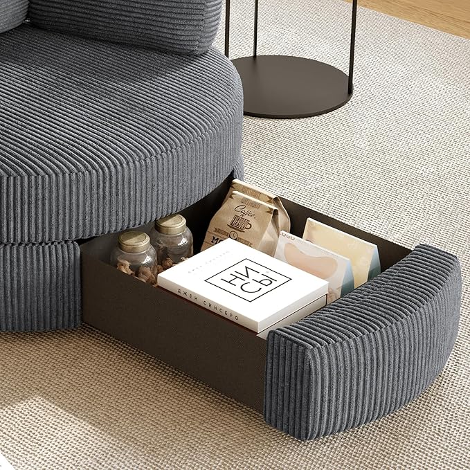 MEISSALIVVE Swivel Accent Chair with Half Moon Ottoman Round Chairs with Drawer Storage for Living Room 360° Barrel Chair with USB Charging Port (Dark Grey Corduroy)