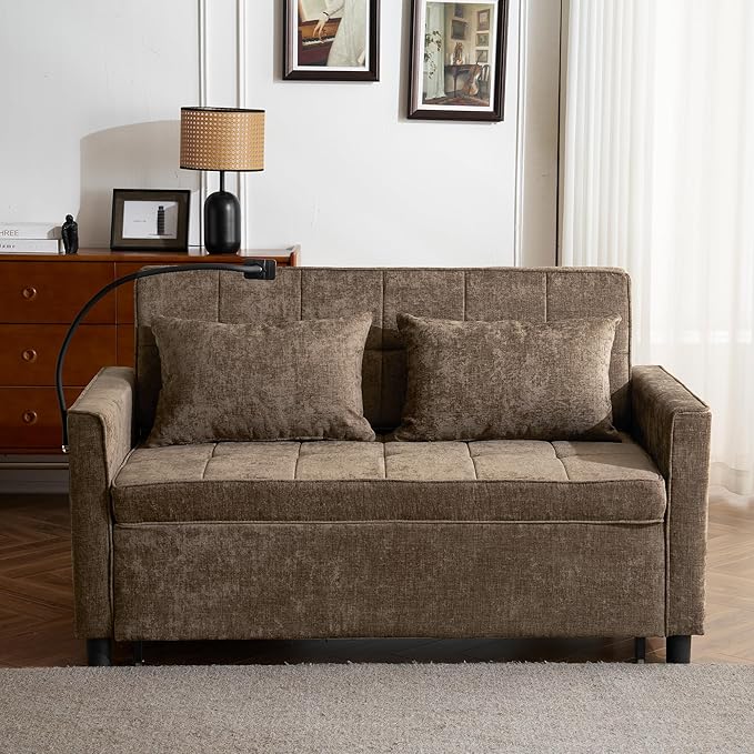 Harper &amp Bright Designs 56.9 Modern Convertible Sleeper Sofa Bed Loveseat Sofa Couch with a Reversible Backrest Cushion Side Pockets Two USB Ports and a Phone Holder for Living Room Brown