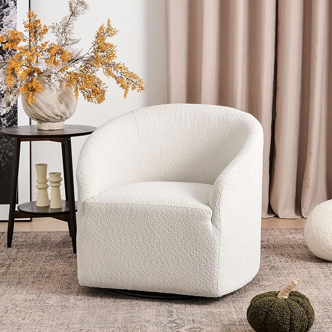 KINWELL 32 Wide Modern Boucle Swivel Barrel Chair No Assembly Round Upholstered Swivel Accent Armchair for Living Room Bedroom Office (White)
