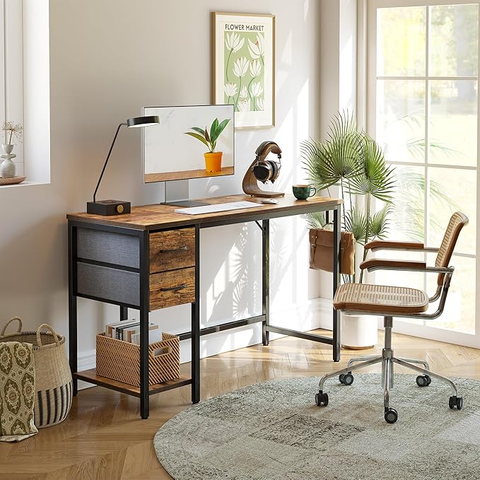CubiCubi Computer Desk with 2 Drawers 47 Inch Small Home Office Desk Study Writing Table Rustic Brown