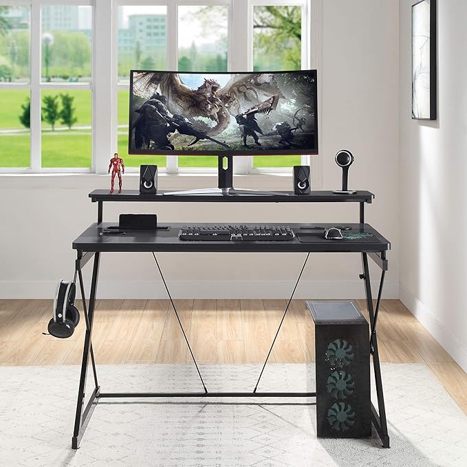 OSP Home Furnishings Emulator Battlestation Gaming Desk with RGB LED Lights Black