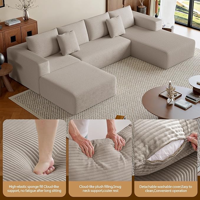 134.6'' U-Shaped Modular Sectional SofaModern Comfortable Corduroy Cloud CouchConvertible Boneless Couches for Living Room with OttomanNo Assembly(Camel)