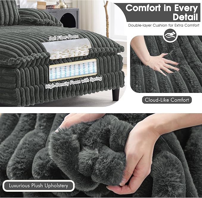 55 W Oversized Chaise Lounge Sofa Couch with 5-Position Adjustable Backrest Plush Sleeper Chair Sofa Bed Reading Chair ‌with Deep Seat Cloud Couches for Living Room Bedroom Dark Grey
