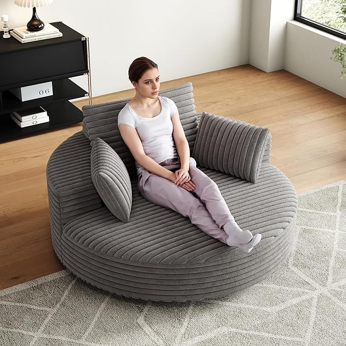 55 Oversized Round Swivel Chair 360° Corduroy Upholstered Barrel Sleeper Lounge Chair Deep Seat Single Sofa Armchair with Back Pillow Modern Accent Chair for Living Room Bedroom Grey